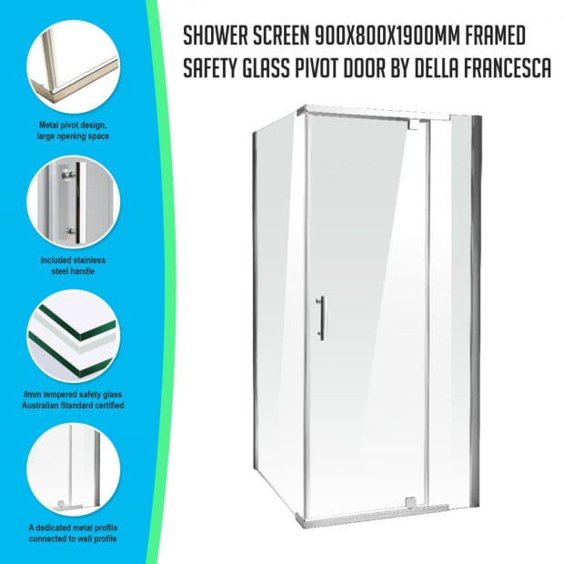 Shower Screen 900x800x1900mm Framed Safety Glass Pivot Door Image 2