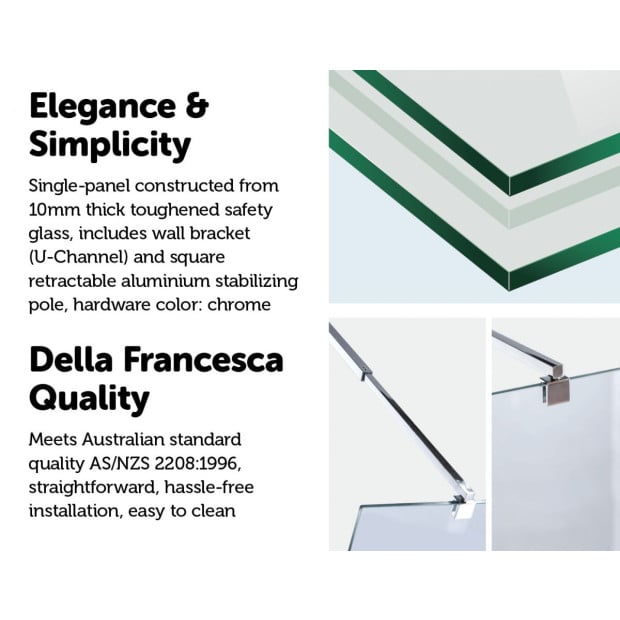 1000 X 2000mm Frameless 10mm Glass Shower Screen Square - Chrome Image 3