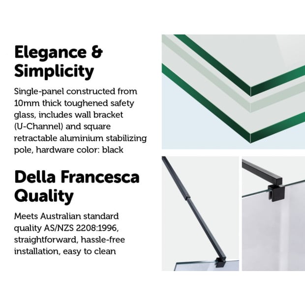 1200 X 2000mm Frameless 10mm Glass Shower Screen Square - Black Image 3