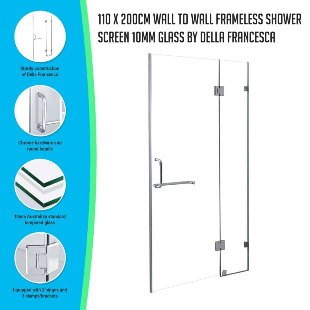 110 X 200cm Wall To Wall Frameless Shower Screen 10mm Glass Image 2