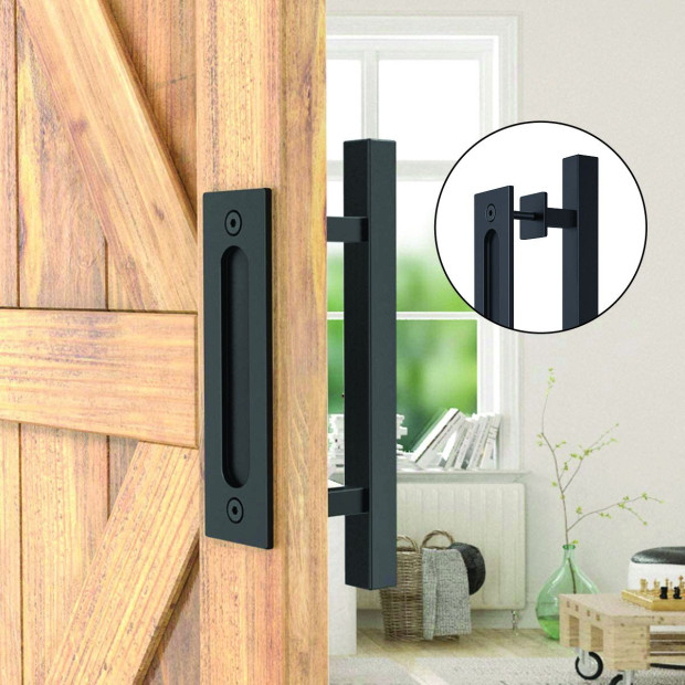12 Square Pull And Flush Door Handle Set Black Barn Door Hardware Image 2