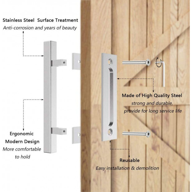 12In Pull And Flush Door Handle Set Stainless Steel Barn Door Hardware Image 3