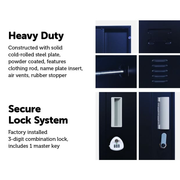One-door Office Gym Shed Locker Cabinet w/3 combination lock - Black Image 4