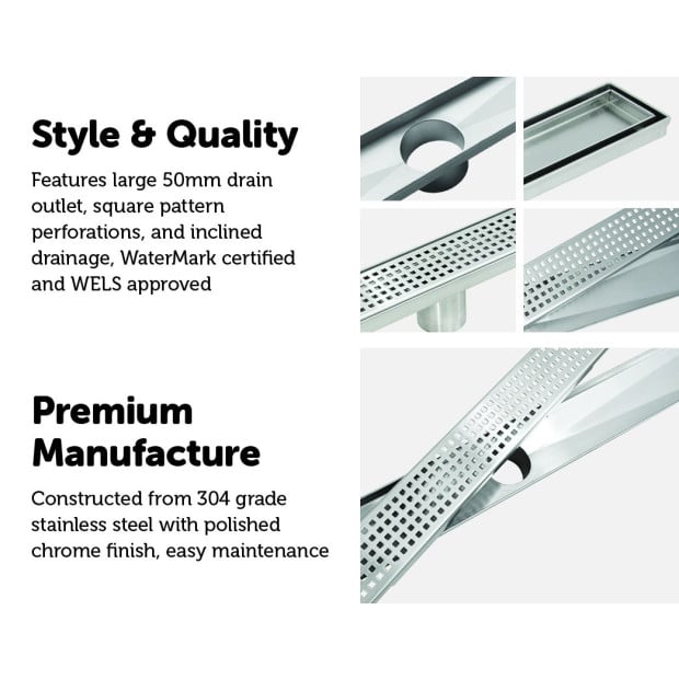 1200mm Bathroom Shower Stainless Steel Grate Drain Square Pattern Image 3