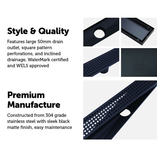 1200mm Bathroom Shower Black Grate Drain W/centre Outlet Floor Waste Square Pattern Image 3