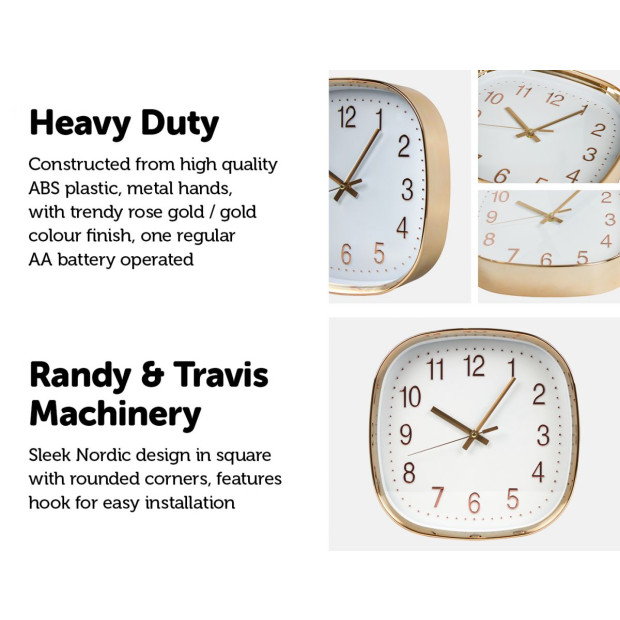 Modern Wall Clock Silent Non-ticking Quartz Battery Operated Square with Rounded Gold Corners  Image 3