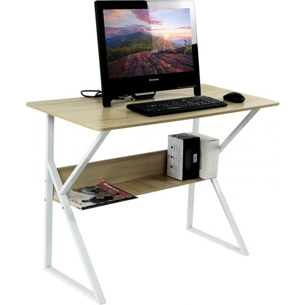 Wood & Metal Computer Desk With Shelf Home Office Furniture Image 4