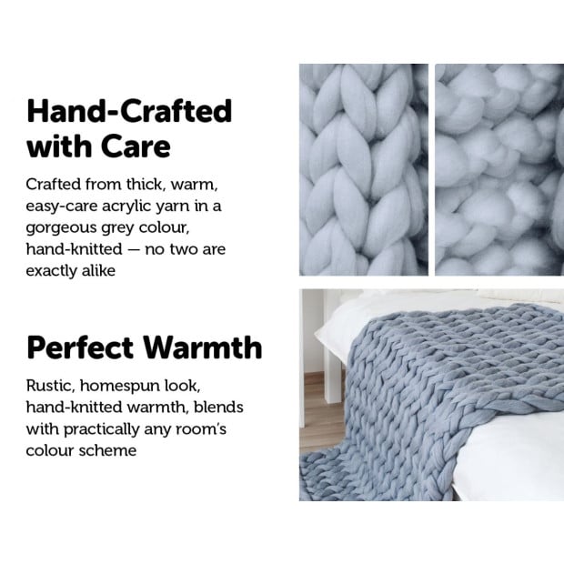 Hand Knitted Chunky Blanket Thick Acrylic Yarn Blanket Home Decor Throw Rug - Grey Image 6