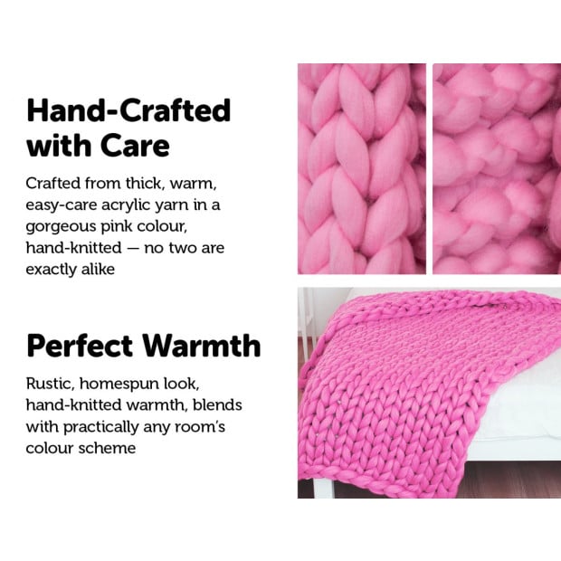 Hand Knitted Chunky Blanket Thick Acrylic Yarn Blanket Home Decor Throw Rug - Pink Image 6