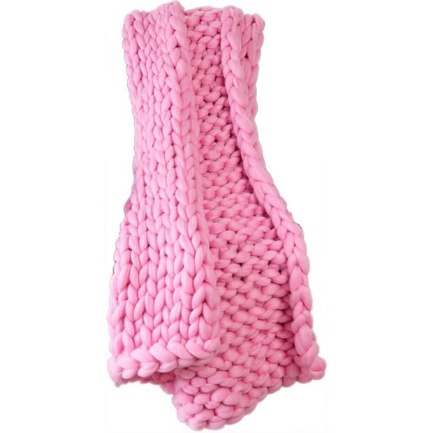 Hand Knitted Chunky Blanket Thick Acrylic Yarn Blanket Home Decor Throw Rug - Pink Image 7