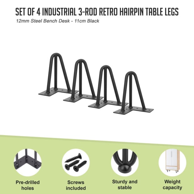 Set Of 4 Industrial 3-rod Retro Hairpin Table Legs 12mm Steel Bench Desk - 11cm Black Image 2