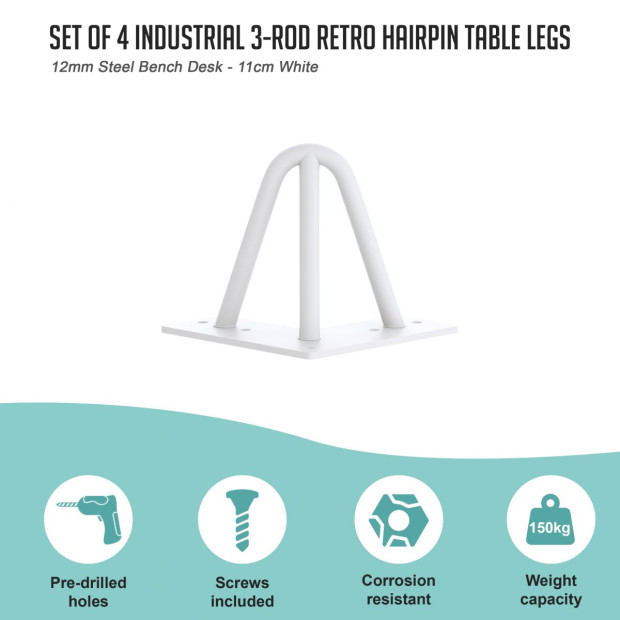 Set Of 4 Industrial 3-rod Retro Hairpin Table Legs 12mm Steel Bench Desk - 11cm White Image 2