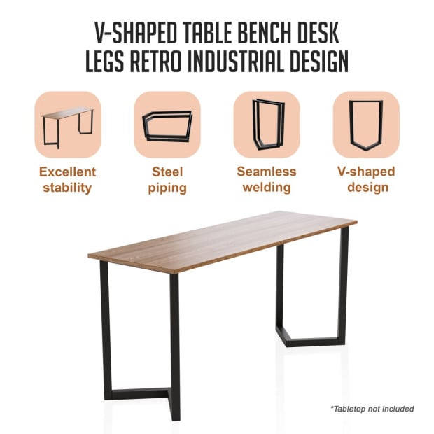 V Shaped Table Bench Desk Legs Retro Industrial Design Fully Welded - Black Image 2