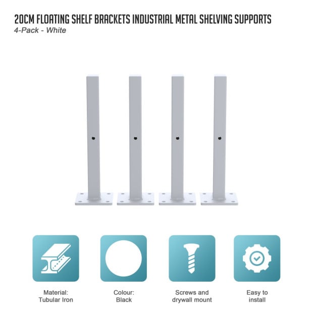 20cm Floating Shelf Brackets Industrial Metal Shelving Supports 4-pack - White Image 2