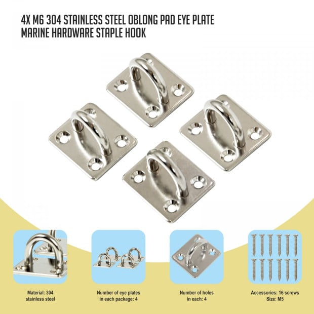 4x M6 304 Stainless Steel Oblong Pad Eye Plate Hardware Staple Hook Image 2