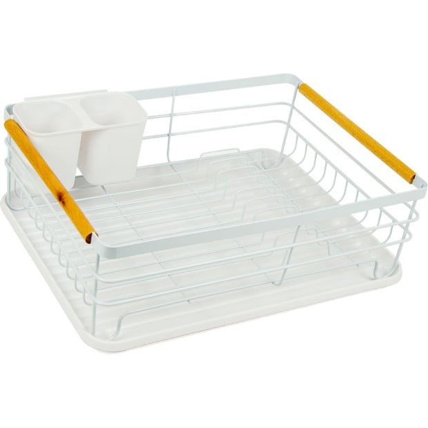 Metal Dish Drying Rack Holder Tray Kitchen Plates Cutlery Wood Handle Image 4