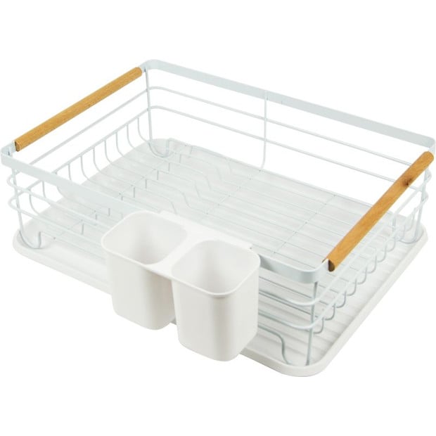 Metal Dish Drying Rack Holder Tray Kitchen Plates Cutlery Wood Handle Image 5