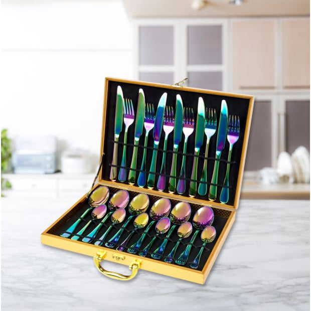 24pcs Stainless Steel Cutlery Set Rainbow Fork Knife Spoon Dinner