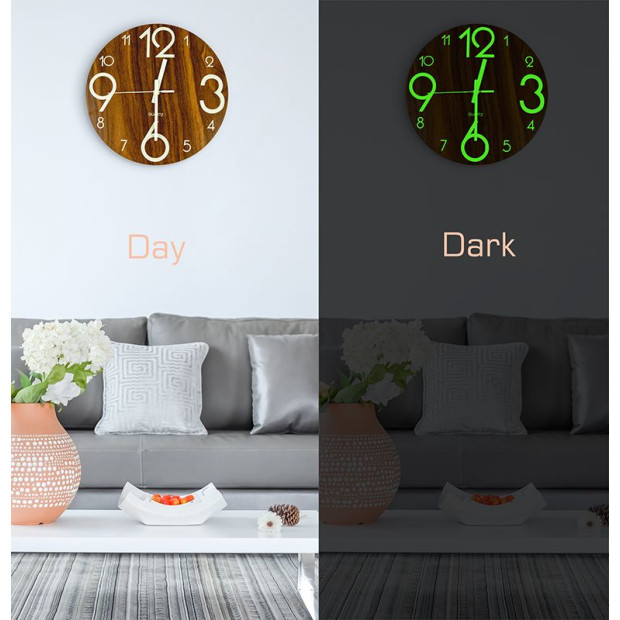 Glow In Dark Wall Clock Quartz Wooden Non Ticking Home Decor 12/30cm Image 4