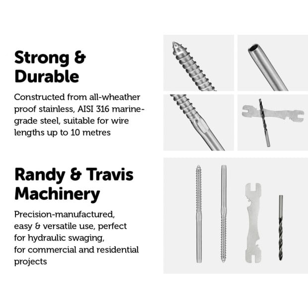 Stainless Steel Balustrade Rope 3.2mm Swage 2 X Lag Screw Term 10 Pk Image 3