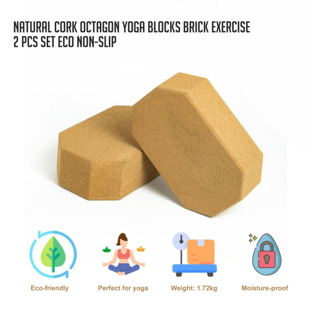 Natural Cork Octagon Yoga Blocks Brick Exercise 2 Pcs Set Eco Non-slip Image 2