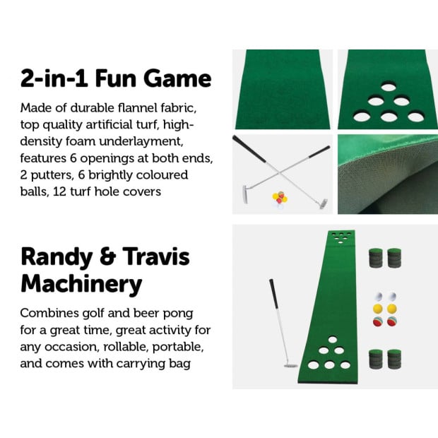 Golf Beer Pong Game Toy Set Green Putting Matt With 2 Putters, 6 Balls Image 3