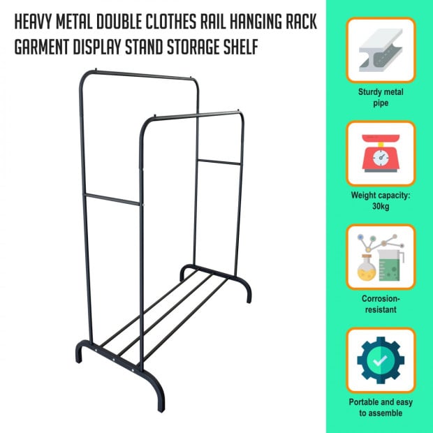 Heavy Metal Double Clothes Rail Hanging Rack Stand Storage Shelf Image 2