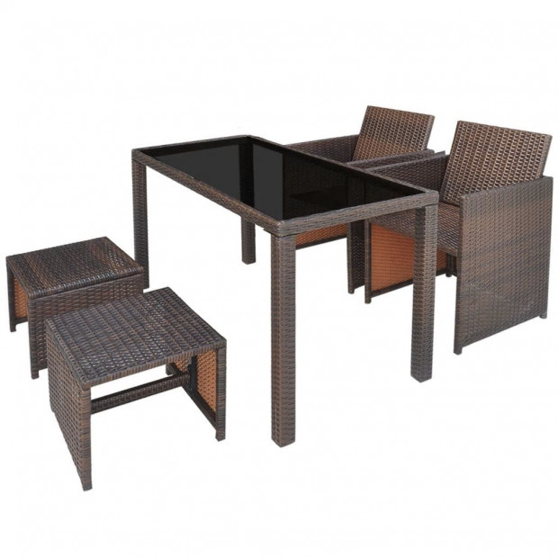 5 Piece Outdoor Dining Set With Cushions Poly Rattan Brown Image 4