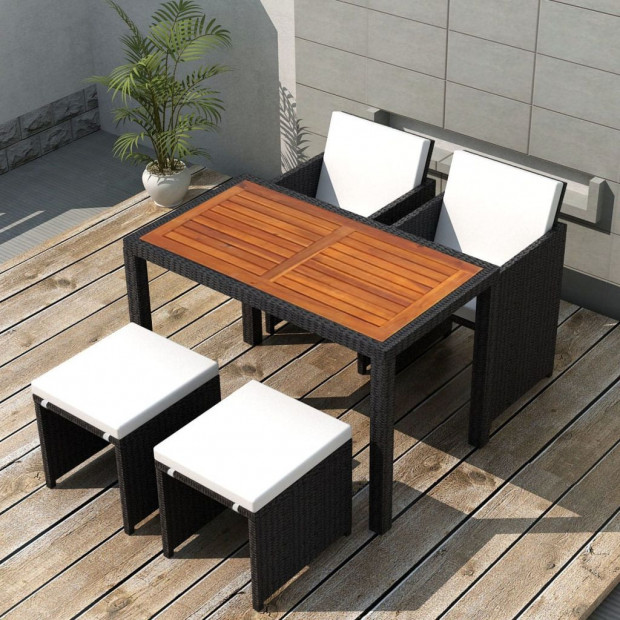 5 Piece Outdoor Dining Set Poly Rattan And Acacia Wood Black Image 2