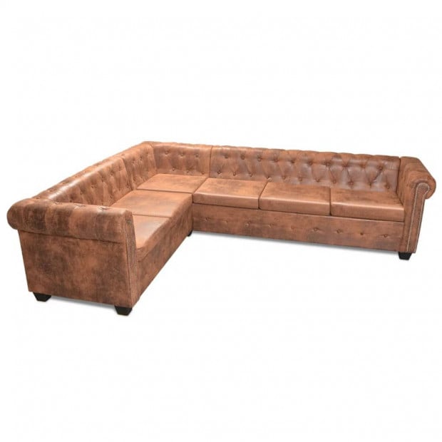 Chesterfield Corner Sofa 6-seater Artificial Leather Brown Image 2
