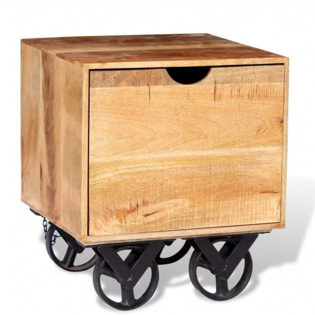 Side Table With Drawer Wheels Mango Wood 40x40x45 Cm