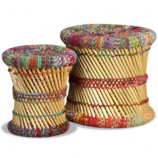 Stools With Chindi Details 2 Pcs Multicolour Bamboo