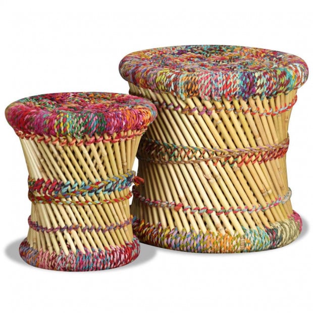 Stools With Chindi Details 2 Pcs Multicolour Bamboo Image 3