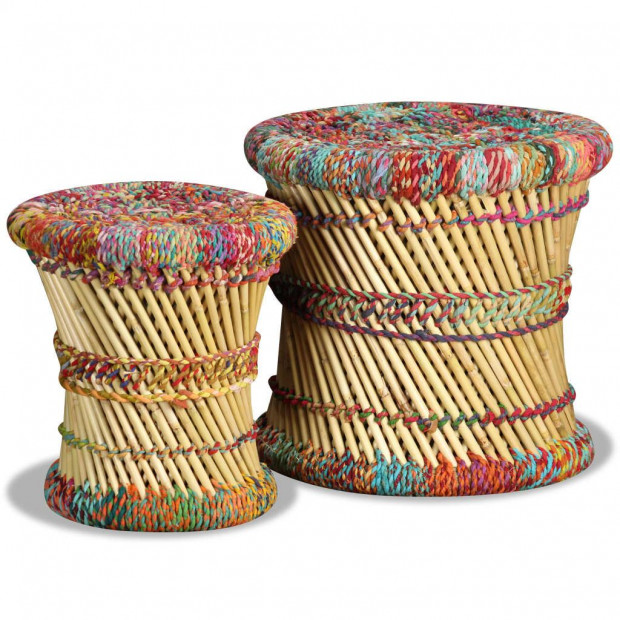 Stools With Chindi Details 2 Pcs Multicolour Bamboo Image 4