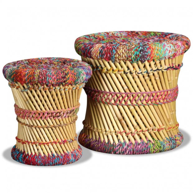 Stools With Chindi Details 2 Pcs Multicolour Bamboo Image 5