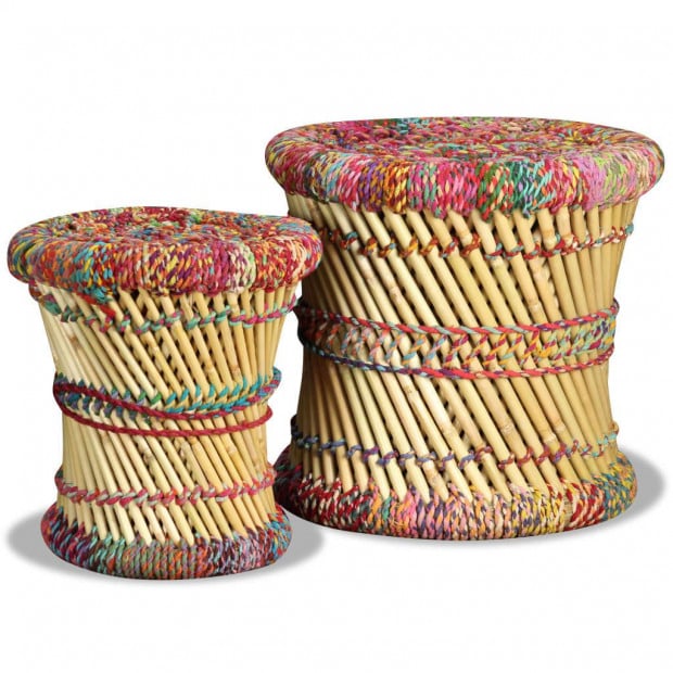 Stools With Chindi Details 2 Pcs Multicolour Bamboo Image 6