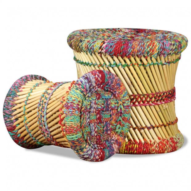 Stools With Chindi Details 2 Pcs Multicolour Bamboo Image 7