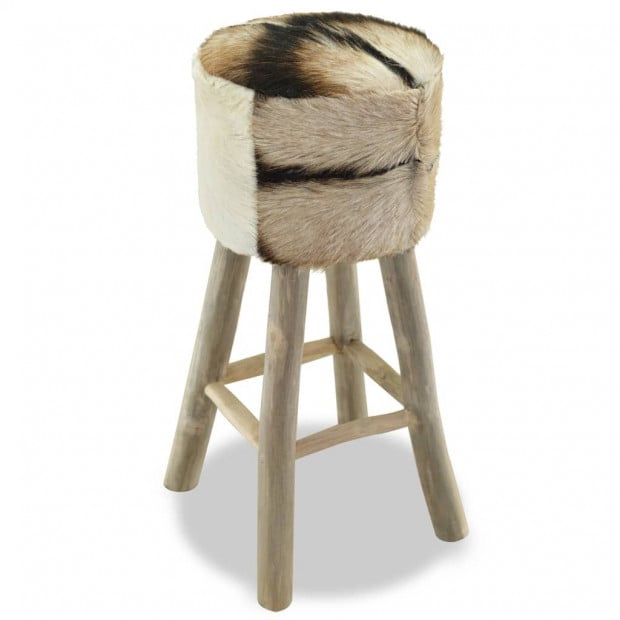 Bar Stool Real Leather Teak Round Image 2