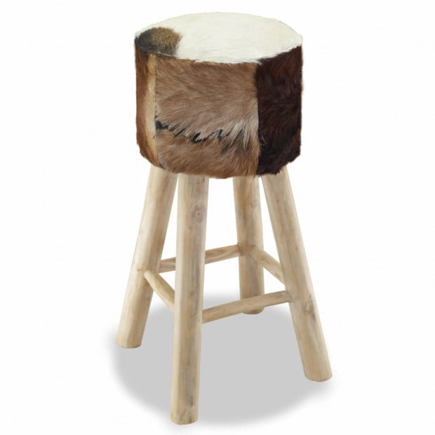 Bar Stool Real Leather Teak Round Image 3