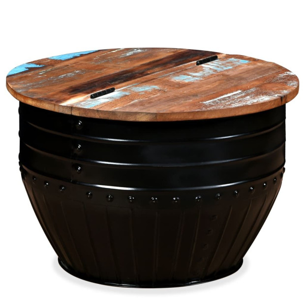 Coffee Table Solid Reclaimed Wood Black Barrel Shape Image 2