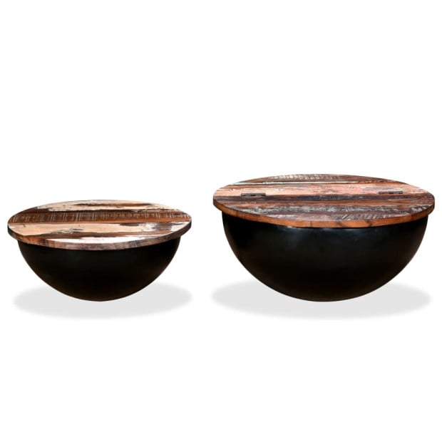 Coffee Table Set 2 Pieces Solid Reclaimed Wood Black Bowl Shape Image 2