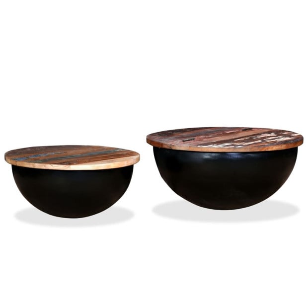 Coffee Table Set 2 Pieces Solid Reclaimed Wood Black Bowl Shape Image 11
