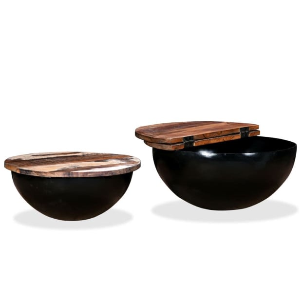 Coffee Table Set 2 Pieces Solid Reclaimed Wood Black Bowl Shape Image 3