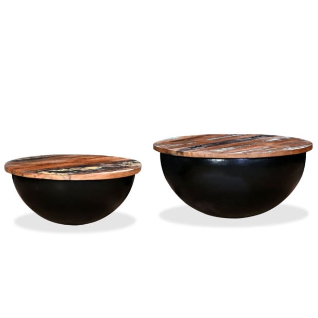 Coffee Table Set 2 Pieces Solid Reclaimed Wood Black Bowl Shape Image 5