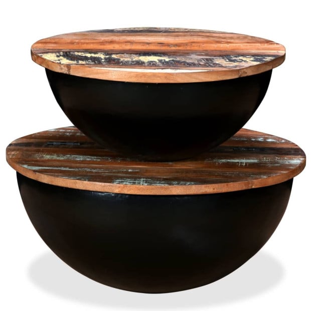 Coffee Table Set 2 Pieces Solid Reclaimed Wood Black Bowl Shape Image 6