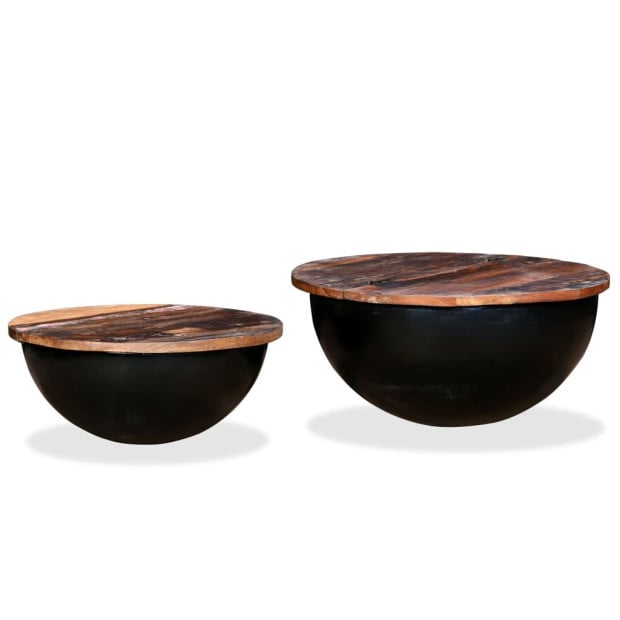 Coffee Table Set 2 Pieces Solid Reclaimed Wood Black Bowl Shape Image 9