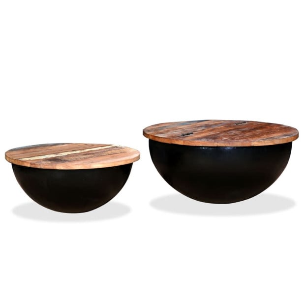 Coffee Table Set 2 Pieces Solid Reclaimed Wood Black Bowl Shape Image 10