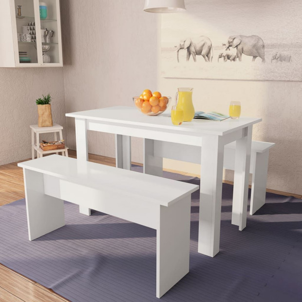 Dining Table And Benches 3 Pieces Chipboard White Image 2