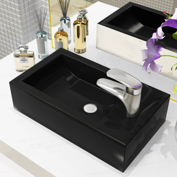 Basin With Faucet Hole Rectangular Ceramic Black 46x25.5x12 Cm Image 2