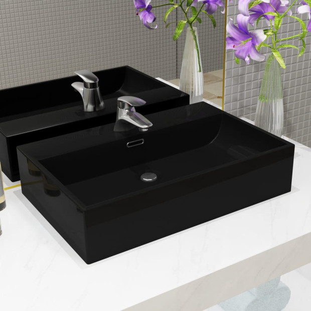 Basin With Faucet Hole Ceramic Black 60.5x42.5x14.5 Cm Image 2